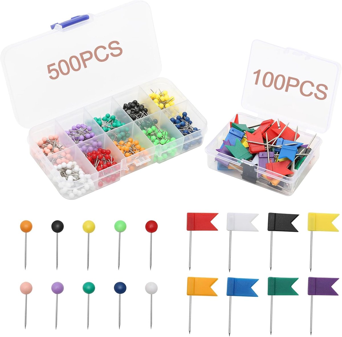SnelShoppen - 600 Stuks Gekleurde Card Push Pins - Rond Hoofd Duimspijkers en Vlaggen Duimspijkers voor Prikbord, Kurkbord, Bulletin Board, 10 Kleuren