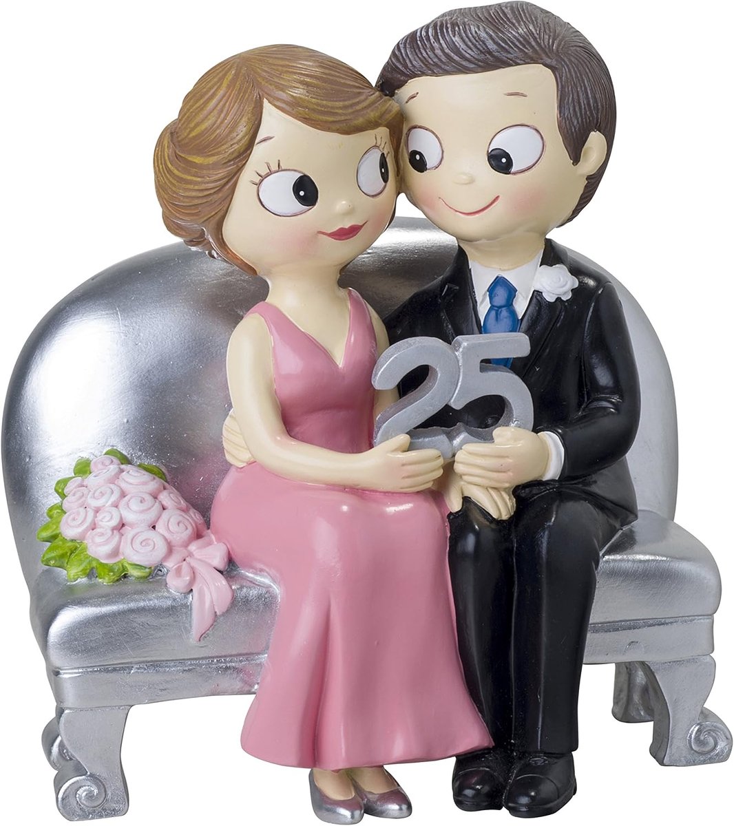SnelShoppen - Mopec Zittende Bruidsgroom Figurine voor 25e Verjaardag, Handgeschilderd Polyresin, Zilver, 8.5 x 14 x 15 cm, Perfect voor Huwelijksfees