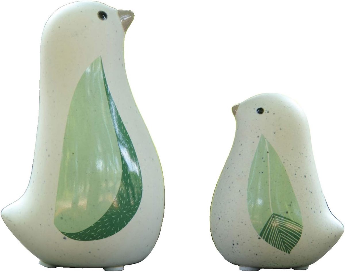 SnelShoppen - Set van 2 Zittende Vogelfiguren met Groene Bladvleugels - Natuurlijke Stijl Dierenstandbeeld - Keramiek Decoratie voor Thuis, Tuin, Bure