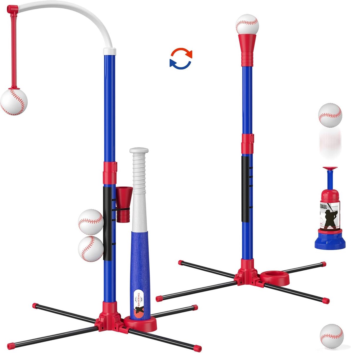 SnelShoppen - 3-in-1 Baseball Set voor Kinderen 3-5 Jaar, T-ball Stand, Ballenwerper, 6 Verstelbare Zachte Ballen, Speelgoed voor Binnen en Buiten, Bl