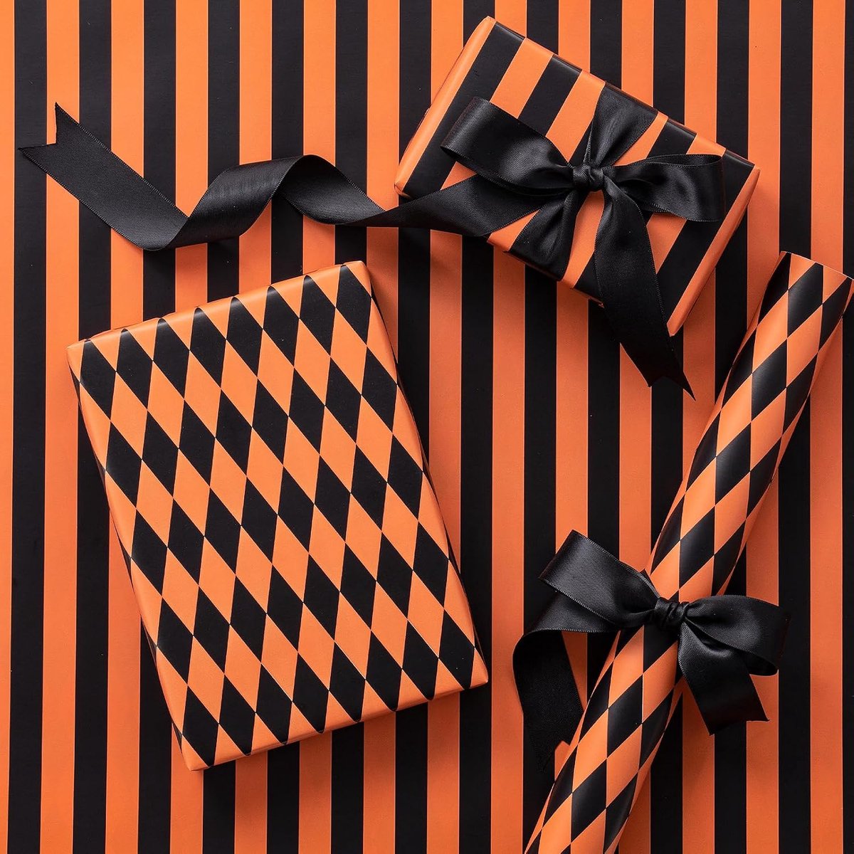 SnelShoppen - Omkeerbare inpakpapierrol mini, oranje-zwarte strepen & diamantpatroon, 43,2 cm x 5 m, cadeauverpakking voor Halloween, verjaardagen, he