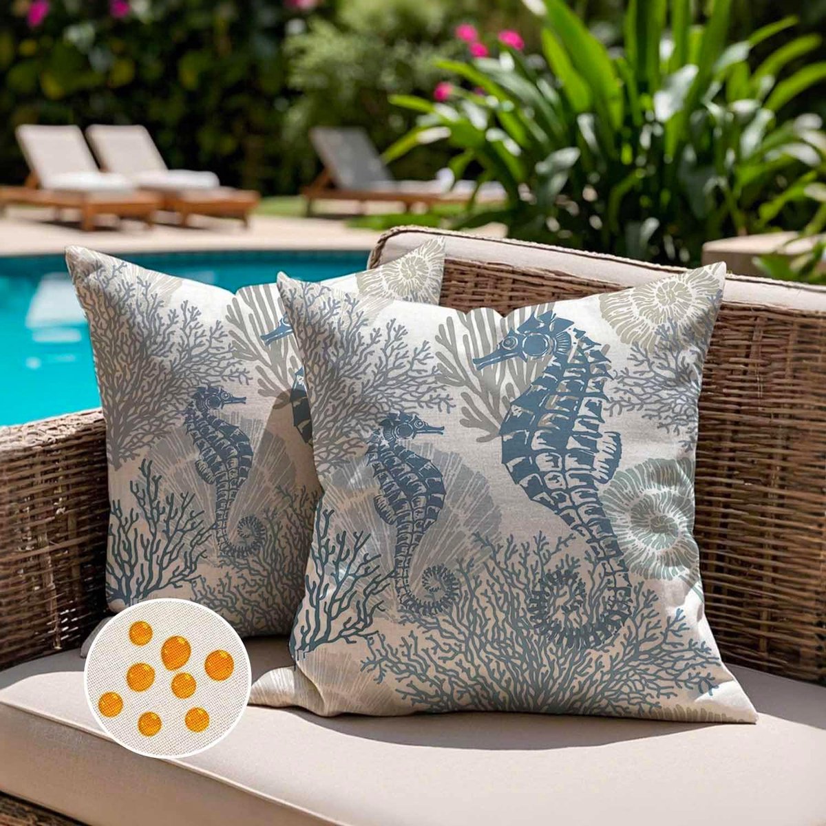 SnelShoppen - Outdoor Kussenhoes Set van 2, 40 x 40 cm, Weerbestendig, Blauw, Maritiem Zeesterren Hippocampus, Tuin, Balkon, Sofa Decoratie