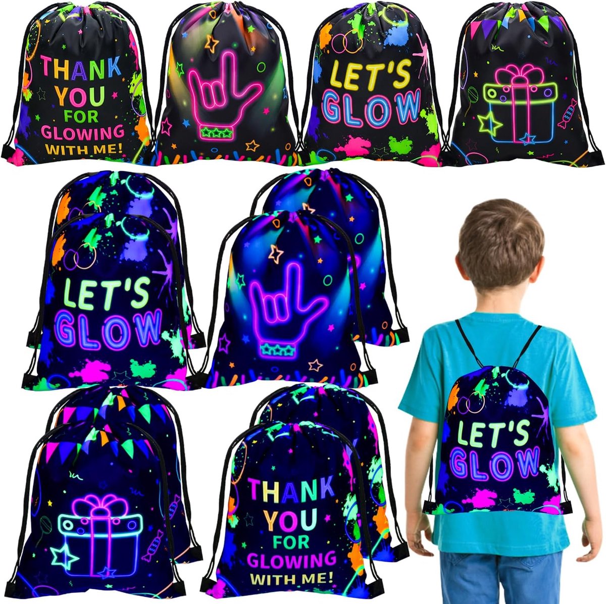 SnelShoppen - 12 Pcs Neon Drawstring Gift Bags Glow Backpacks - Goodie Bags Neon Party Supplies voor Verjaardagsfeest, Glow in the Dark Feestdecoratie