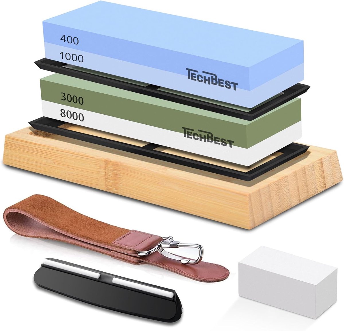 SnelShoppen - Professionele Slijpsteen Set voor Messen - Whetstone 400/1000 & 3000/8000 - Inclusief Antislip Bamboe Basis, Hoekgids en Leren Lijn
