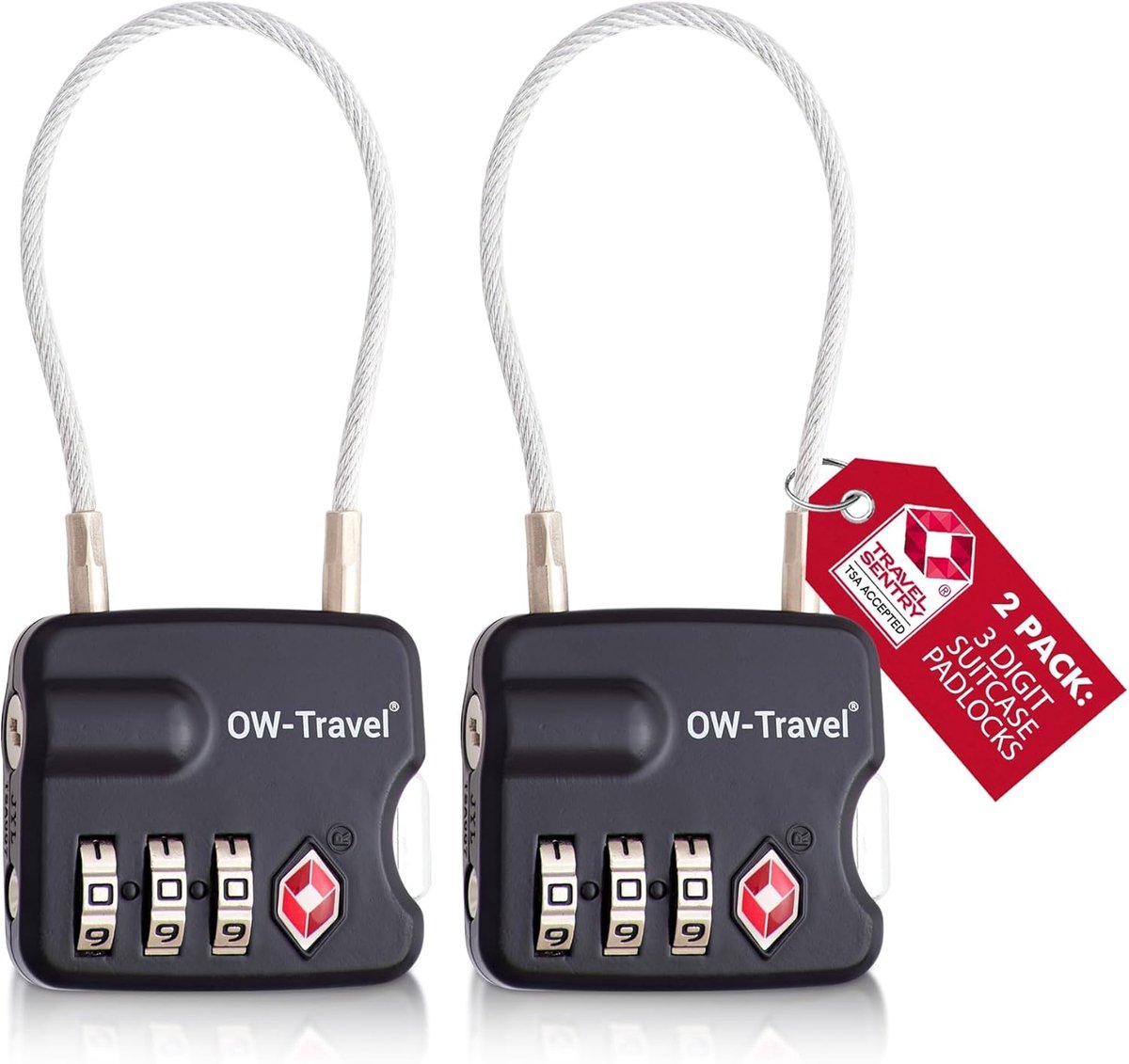SnelShoppen - TSA Hangslot Kabelslot 3 Cijfers - Kofferslot Luggage Lock Zwart - 2 Stuks - Robuust Zinklegering - Voor Bagage, Rugzakken, Gymkluisjes