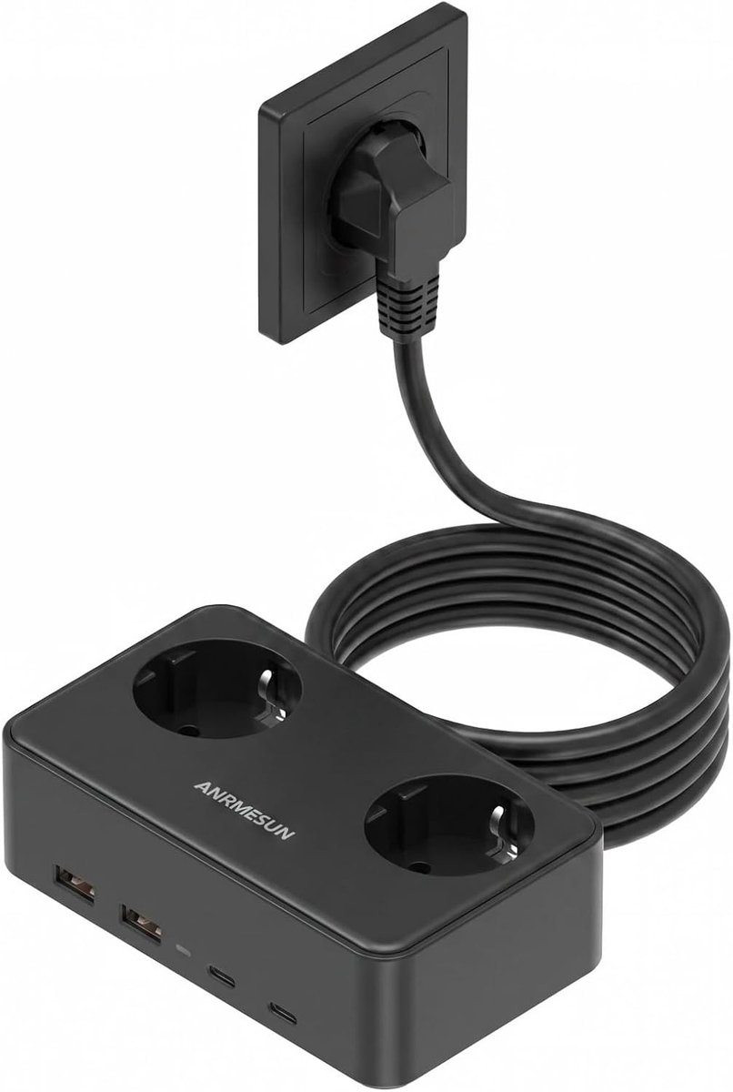 SnelShoppen - Stekkerdoos met USB C PD 20W, 9-in-1 Meervoudig Stopcontact met 60 cm Snel Intrekbare Oplaadkabel, 2400W Verlengkabel voor Thuis, Kantoo