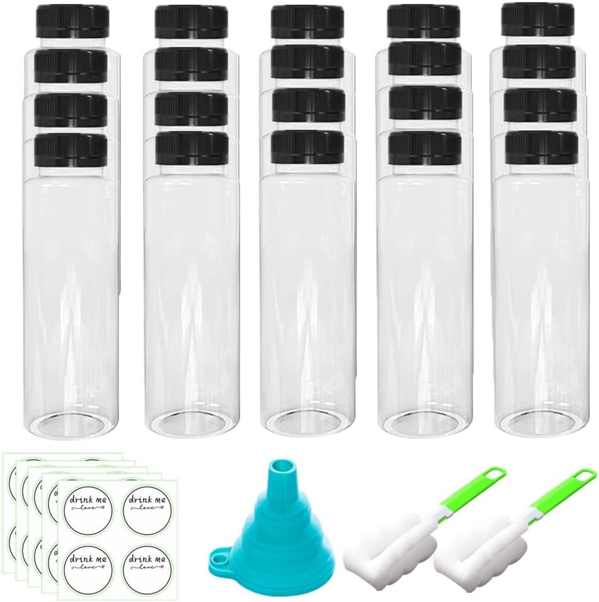SnelShoppen - 20 Stuks Plastic Flessen met Deksel, 250ml Herbruikbare Sapflessen, Transparante PET Flessen met Labels voor Smoothies, Melk, Koud Water