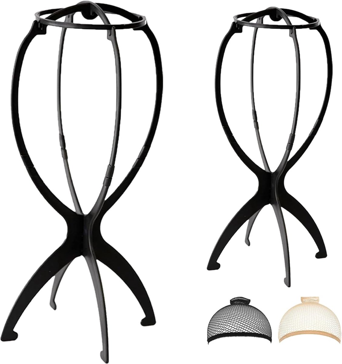 SnelShoppen - 2 x Verwijderbare Pruikstandaards, Plastic Pruikhouder, Draagbare Pruikstand, 35 cm Hoog, Inclusief 2 Pruikcaps, Zwart