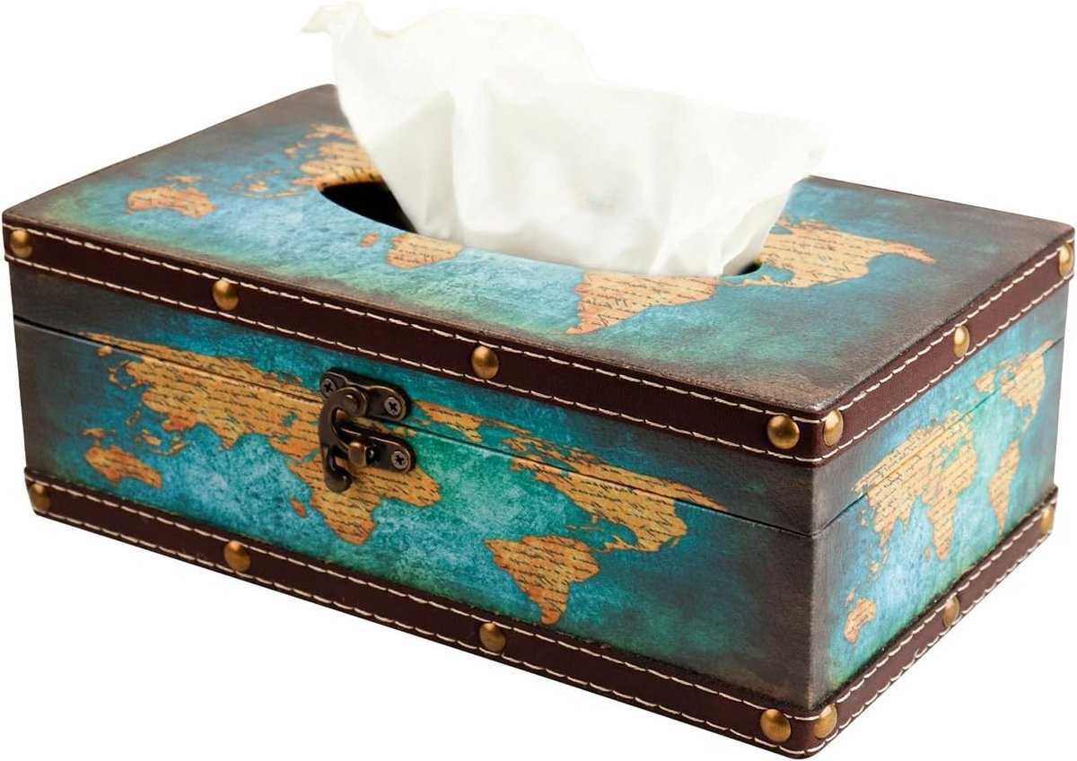 Vintage Houten Tissue Box - Rectangulaire Tissue Dispenser voor Woonkamer, Badkamer en Kantoor met Metalen Sluiting en Decoratieve Afwerking