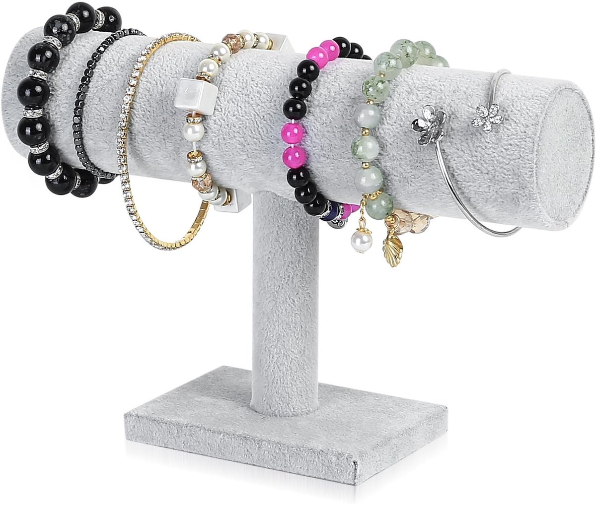 Dailygoods- Armbandhouder T-vormig - Sieradenhouder - Juwelenbewaarstandaard - Horlogestandaard - PVC/Ijsbloemfluweel - 23,5 x 14 cm - Sieradenstandaard
