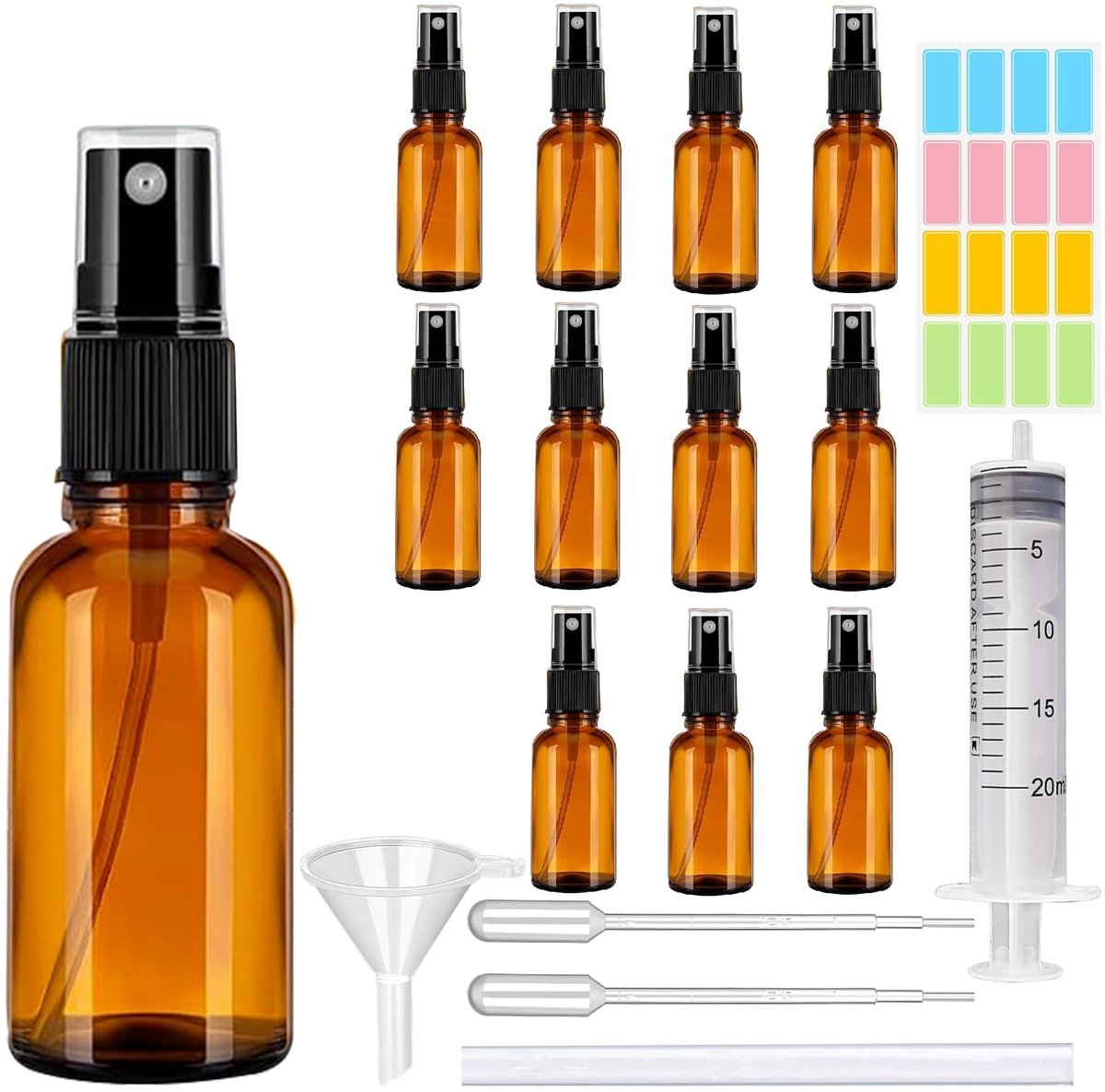 Dailygoods- Spuitfles 12 stuks - Bruin Glazen Spuitflessen 30 ml - Navulbaar met Trechter - Druppelpipetten - UV-bescherming en Accessoires - Verstuiver