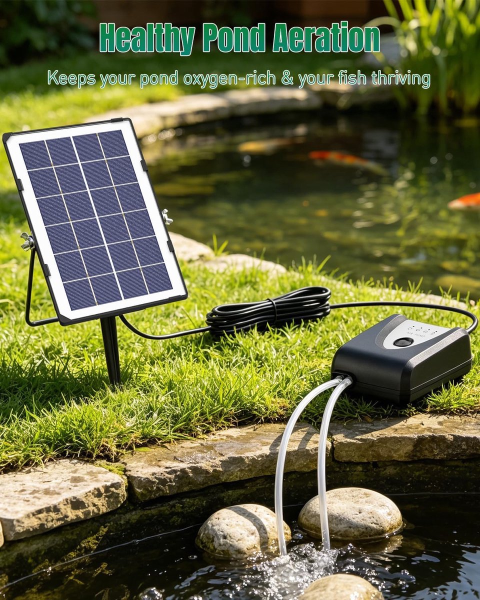 VHV - Zuurstofpomp vijver - Vijverbeluchter zonne energie - Solar luchtpomp - Luchtpomp vijver - 3 standen - 4000mAh - Oplaadbaar - Voor aquarium en tuinvijver - Zwart — cadeau in Cadeau-ideeën - foto 2