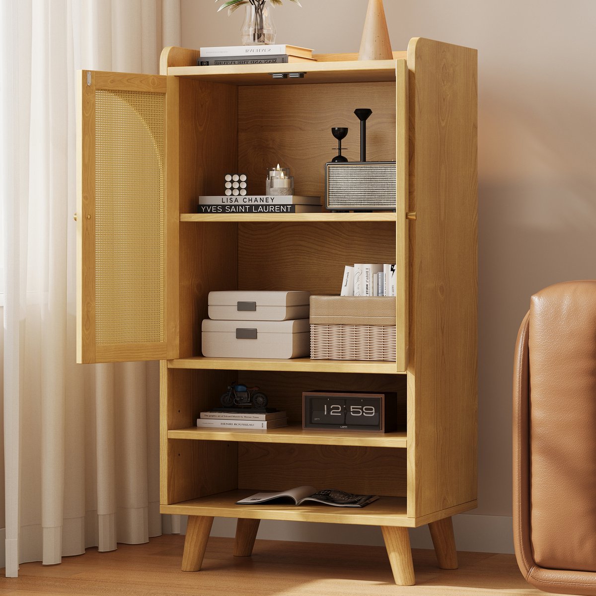Rotan dressoir met 2 rotan deuren en 2 open vakken - opbergkast - grote opbergruimte - hoge houten kast