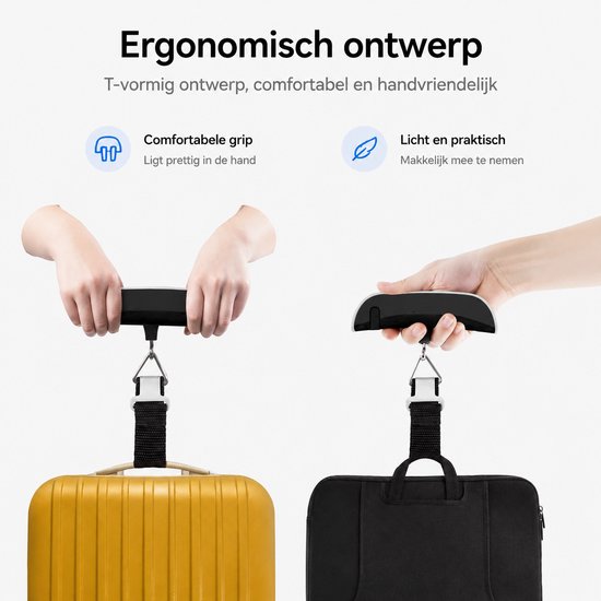 Twee handen houden een zwarte weegschaal die een gele koffer en een zwarte tas weegt. Ergonomisch ontwerp, comfortabele grip, licht en praktisch.