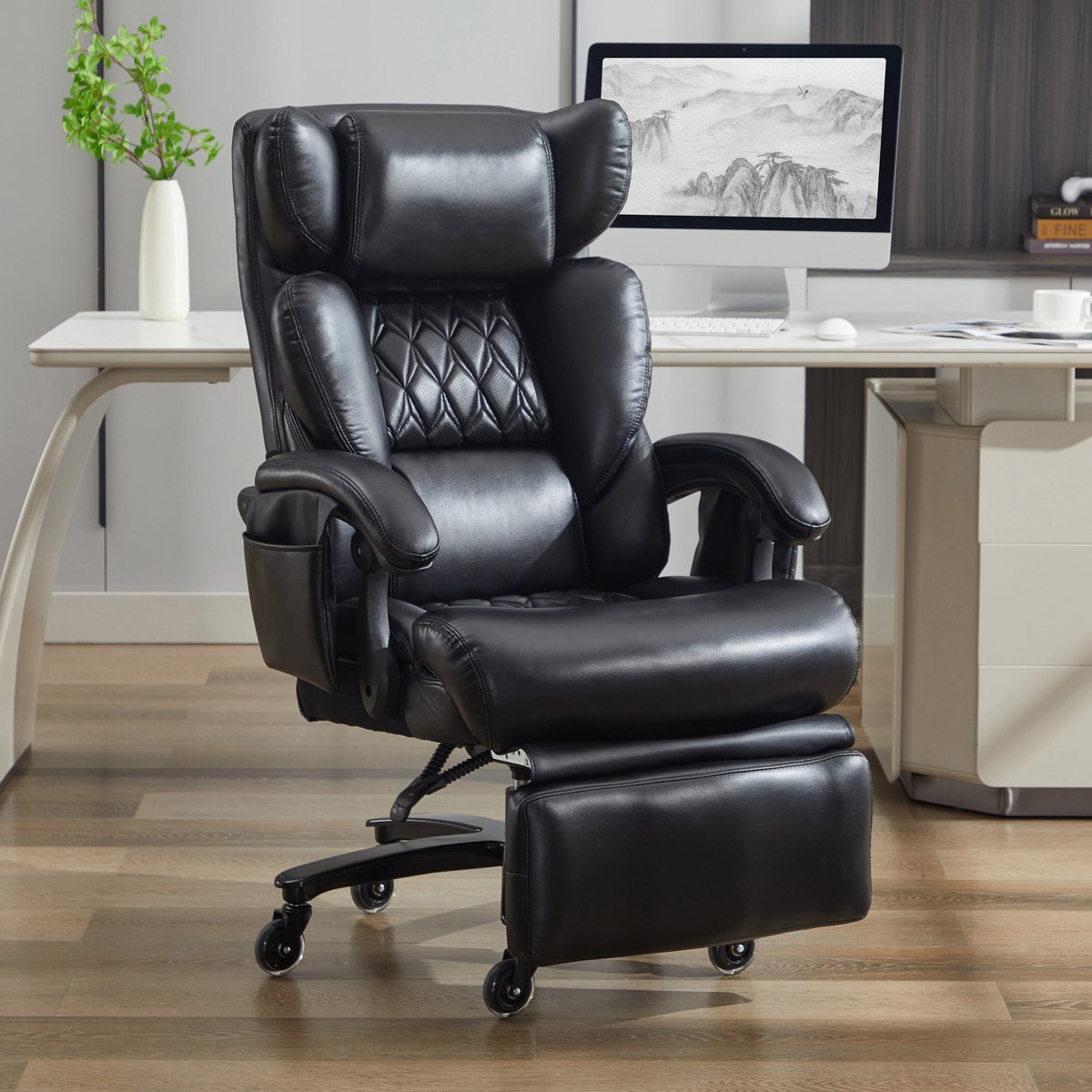 Ergonomische bureaustoel, directiestoel met massage - en verwarmingsfunctie, PU-leer, voetensteun, 360° draaibaar, verstelbare rugleuning, tot 150 kg, kantoor en thuiswerkplek (Zwart)