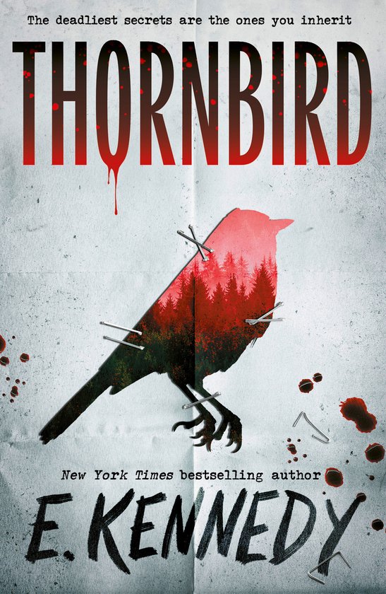 Boekomslag met de titel THORN BIRD in bloederige letters. Een vogel in silhouet, gevuld met een boslandschap in rode tinten en vastgepind met nietjes.