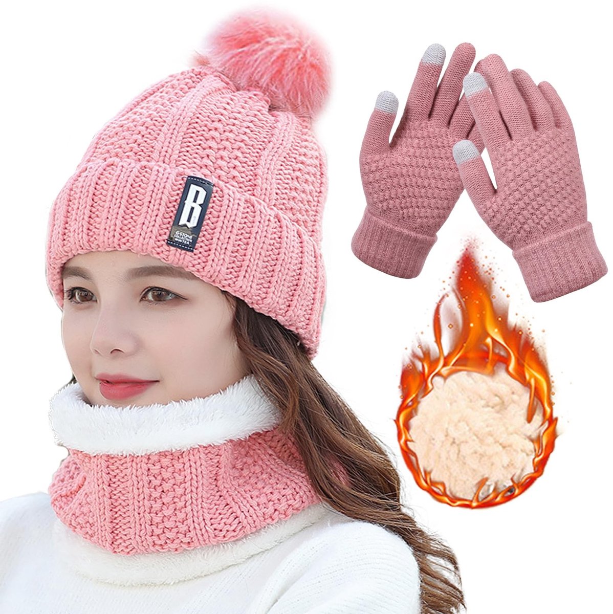 Dailygoods- Hoedsjaal 3-in-1 Set - Gebreide Pompon Muts - Thermische Handschoenen - Nekwarmer - Winter Warm en Zacht - Voor Dames en Meisjes - Sjaal