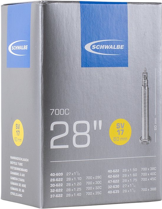 Schwalbe doos voor 28 inch fietsband, SV 17, 60mm ventiel.