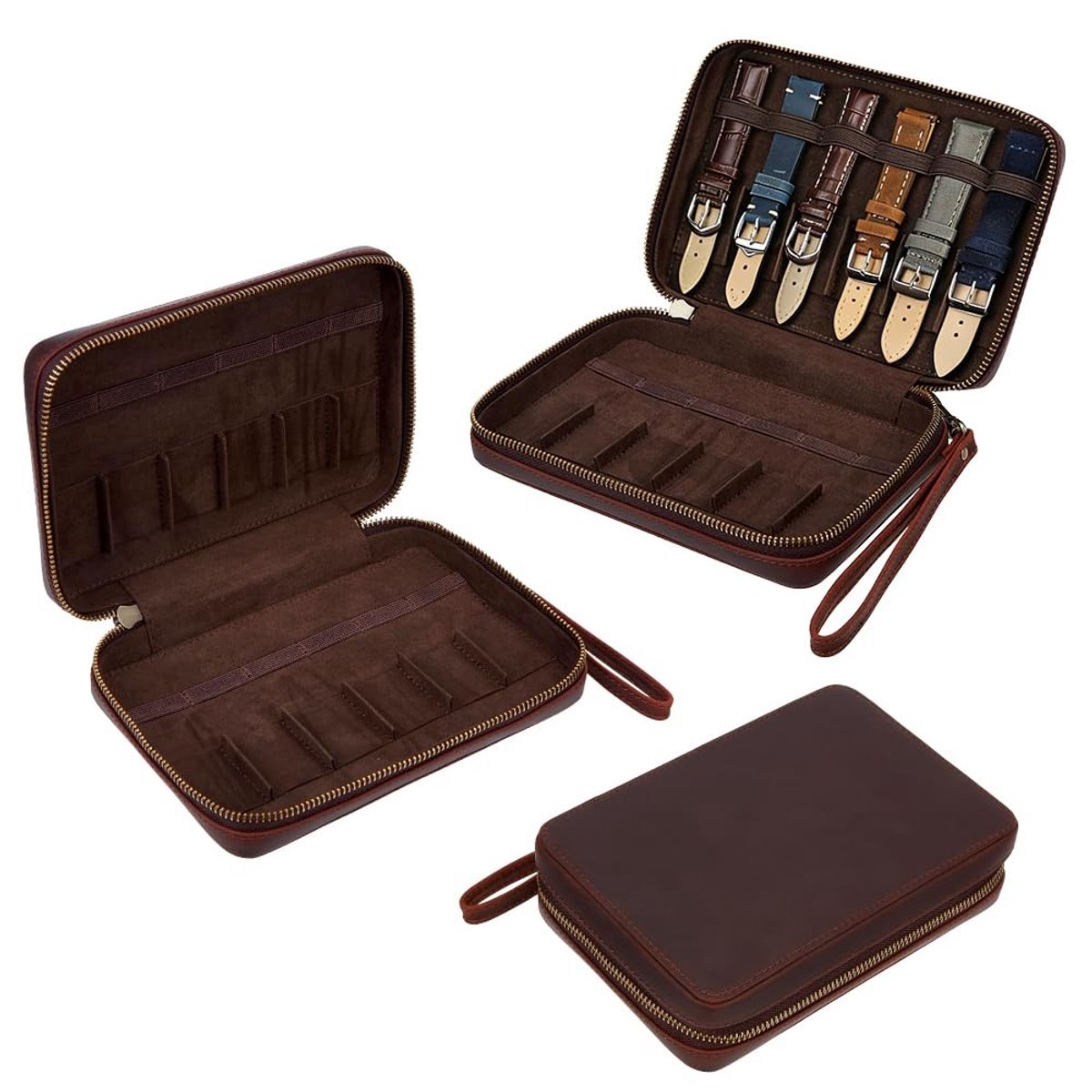 Dailygoods- Horlogedoos rundleer - 12 sleuven - Rechthoekig - Organizer - Draagtas - Koffiekleur - Compacte afmetingen 20 x 13,5 x 5,5 cm - Opbergdoos