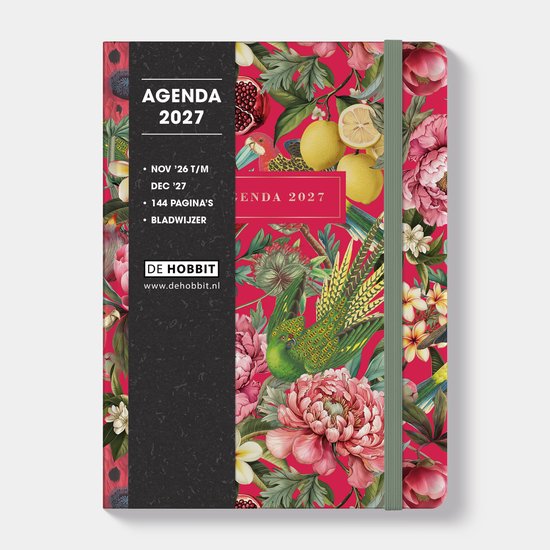 Agenda 2027 met tropische bloemen, vogels en fruit op een roze achtergrond, met zwarte zijstrook met tekst.