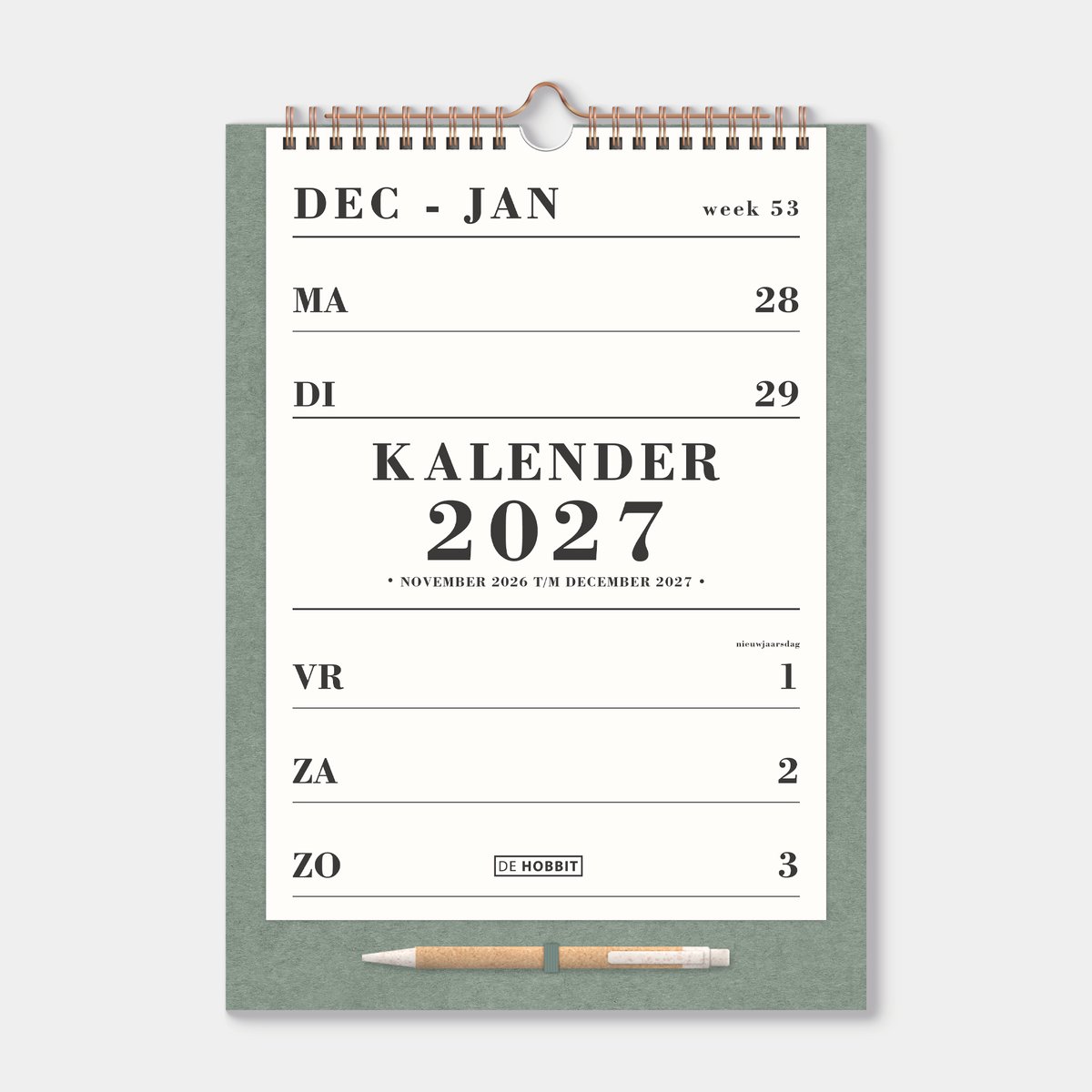 Hobbit - Spiraalkalender 2027 - A4 (29,7 x 21 cm) - Weekplanner - Weekkalender - Met pen - Groen