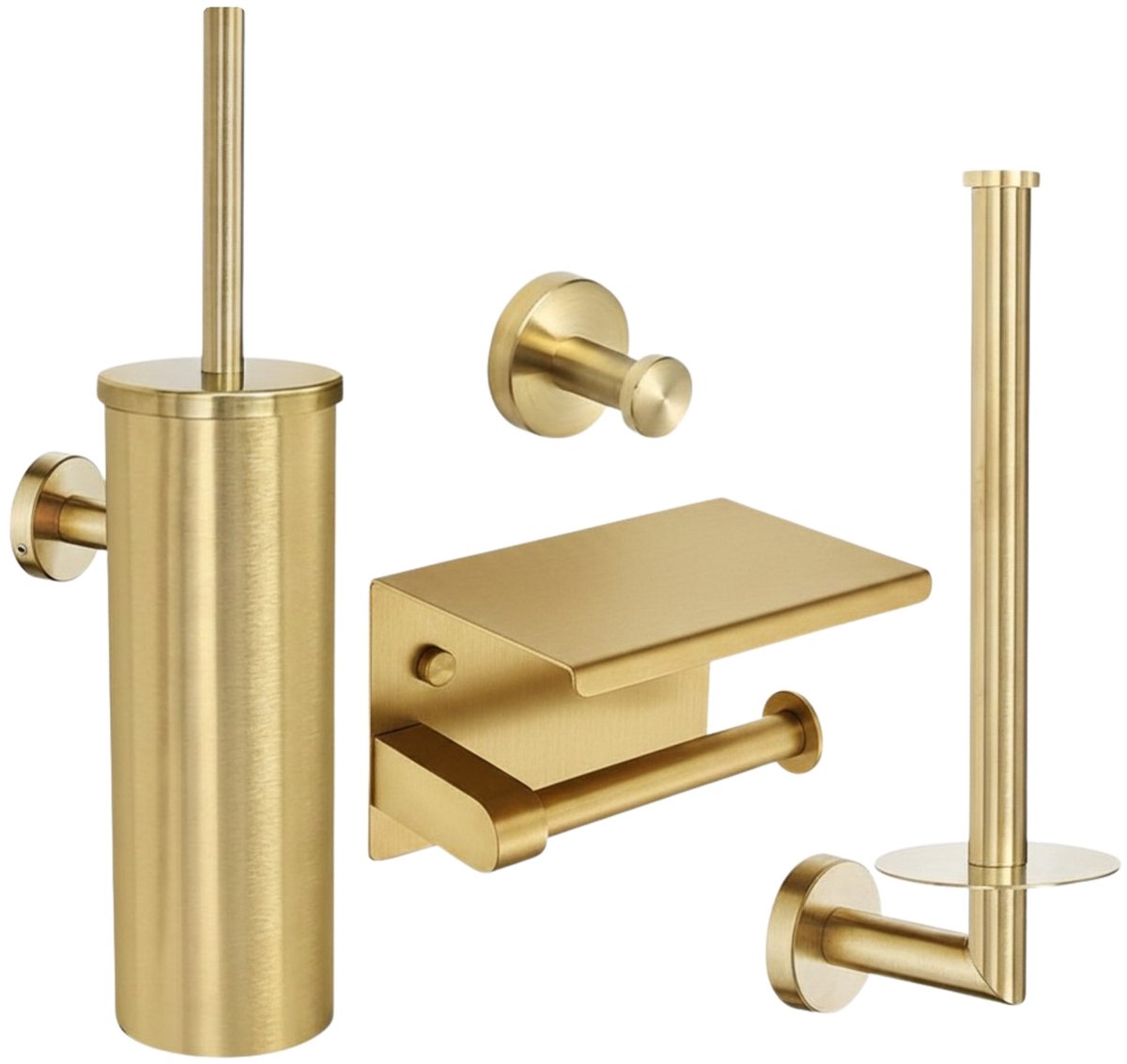 Toiletaccessoireset Goud 4-delig - Toiletborstelhouder - Toiletrolhouder met plateau - Reserverolhouder - Handdoekhaak - Geborsteld goud PVD