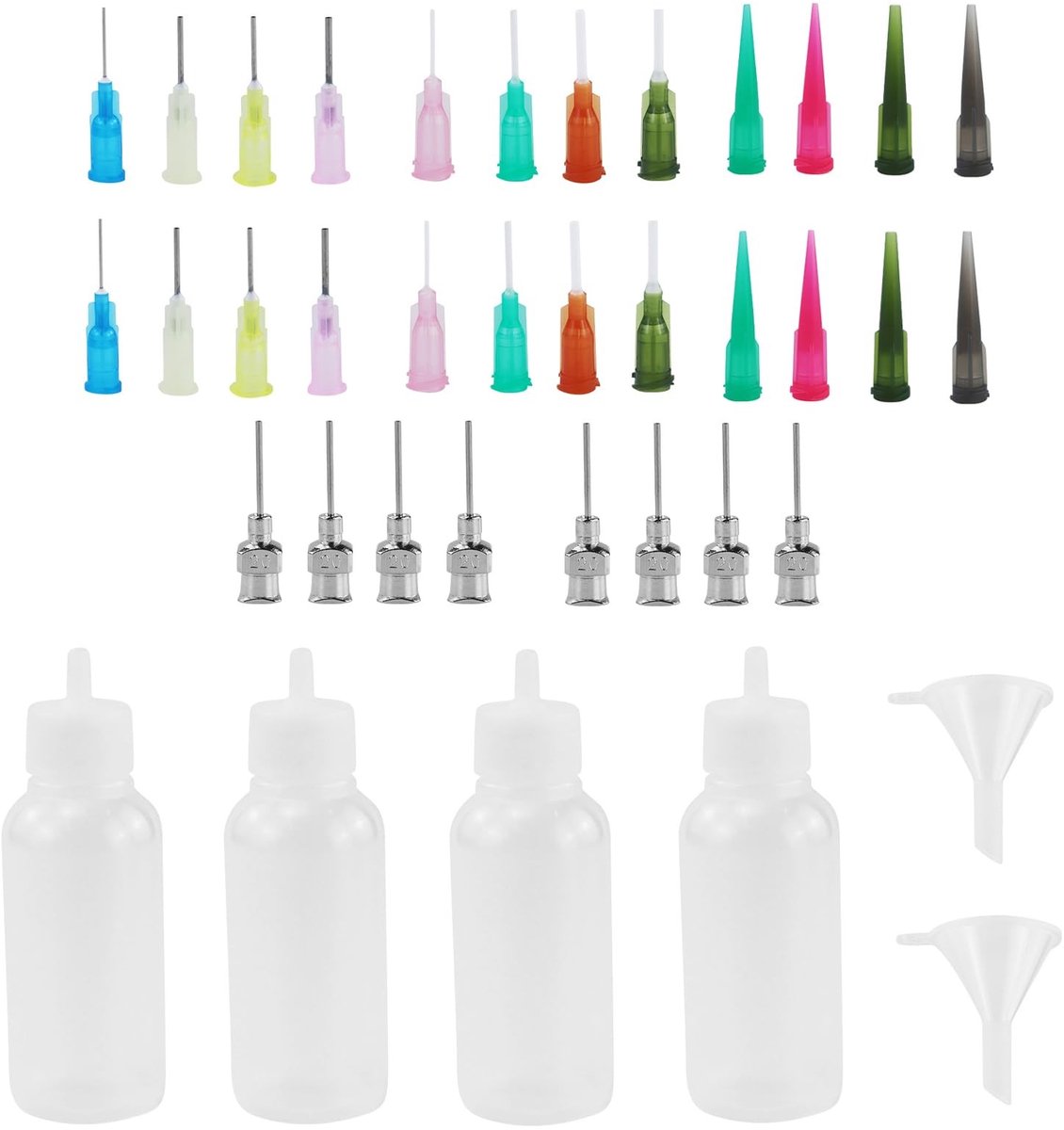 Dailygoods- Applicatorflessen Set 30 ml - 4 Stuks - Multifunctionele Naaldflessen - 32 Ultrafijne Naalden - 3 Kleine Trechters - Kunststof - Schilderfles