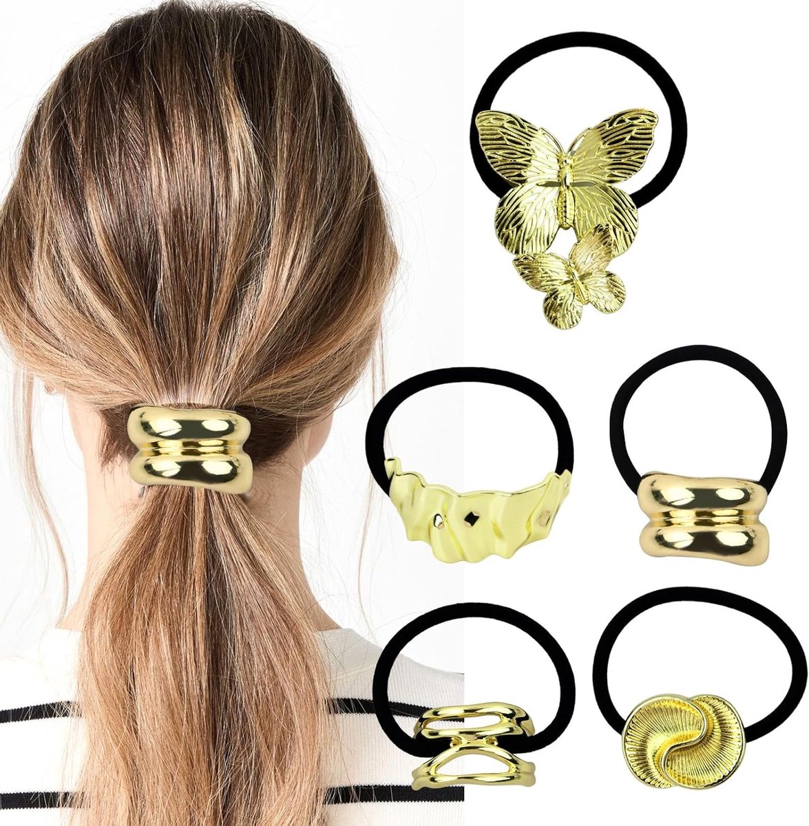 Set van 5 Metalen Haarbanden, Geometrische Elastische Ponytail Houder, Gouden Haaraccessoires voor Vrouwen en Meisjes
