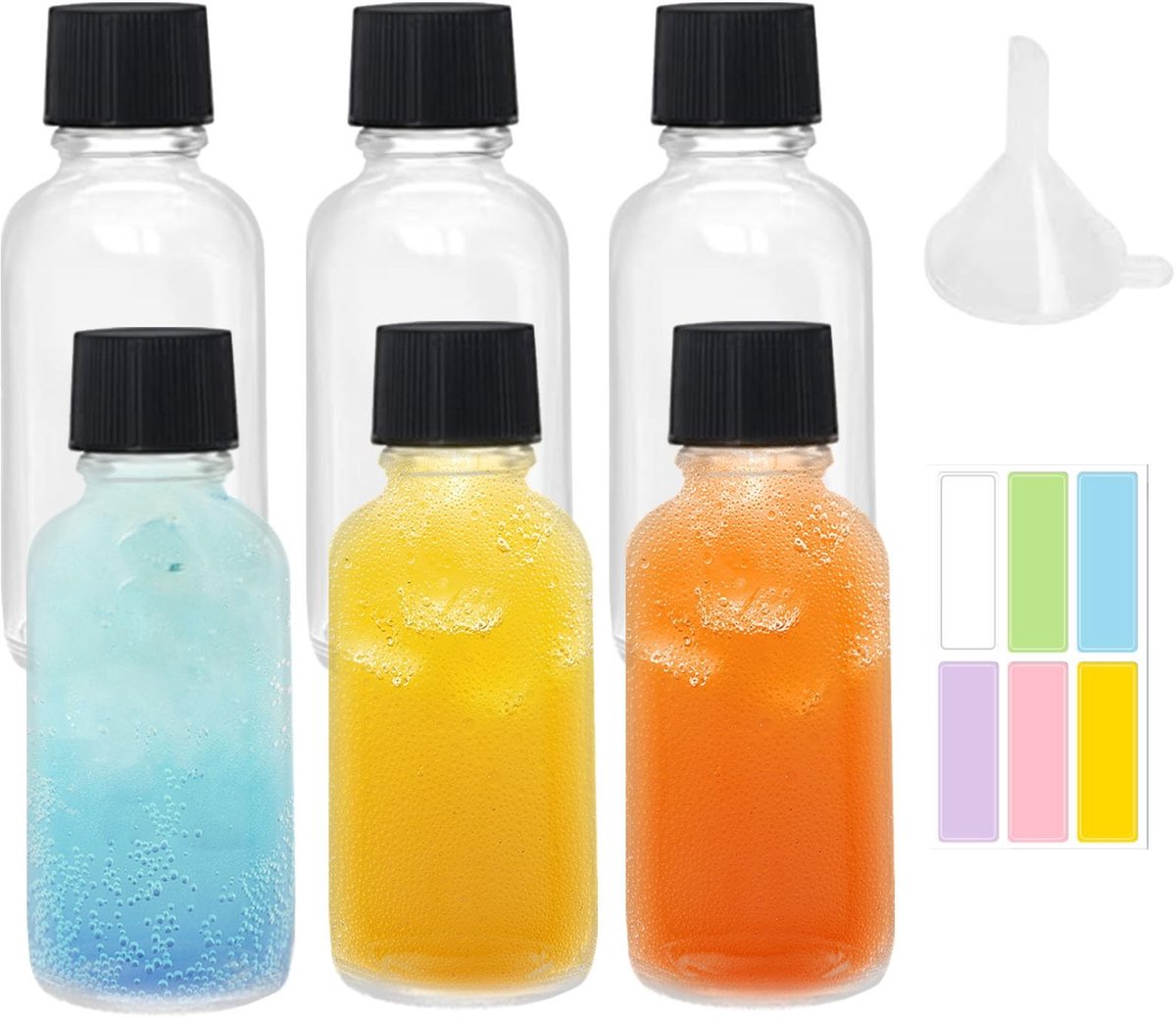 Dailygoods- Mini-flessen 6 stuks - Glazen Borrelflessen 60 ml - Met Deksel - Trechter - Etiketten - Duurzaam en Lichtgewicht
