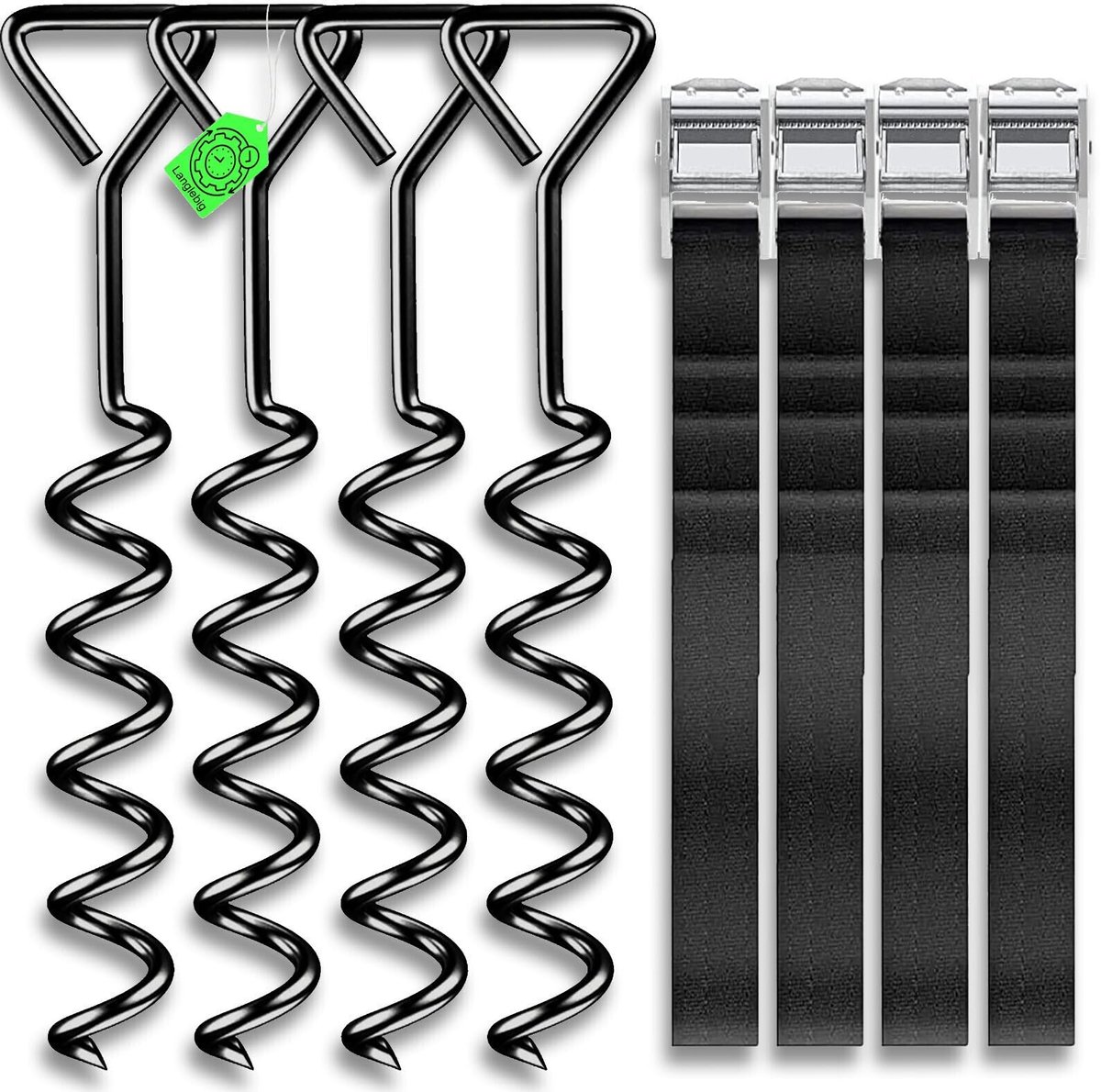 Dailygoods- Grondanker Premium Uitvoering - Grondanker Trampoline - Verankeringsset Tuinhuis - Robuuste Schroefharingen - Verstelbare Riem 2,40 m - Weerbestendig en Duurzaam