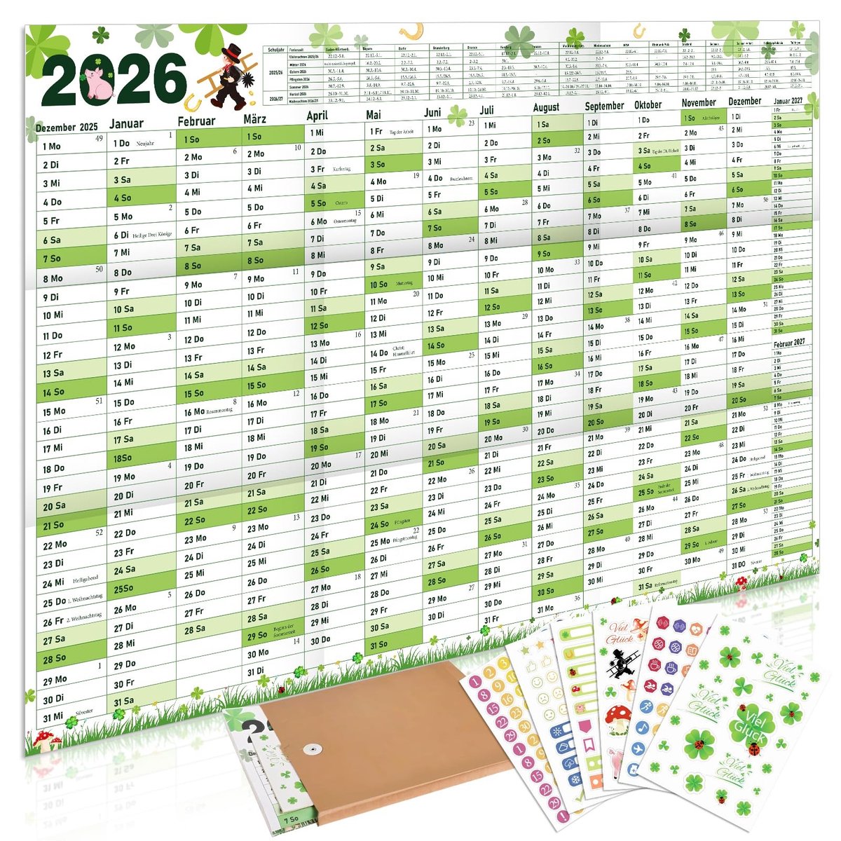 Dailygoods- Wandkalender 2026 Groot (98 x 68 cm) - Jaarkalender - Klaverblad/Hoefijzer - Poster - Opgevouwen