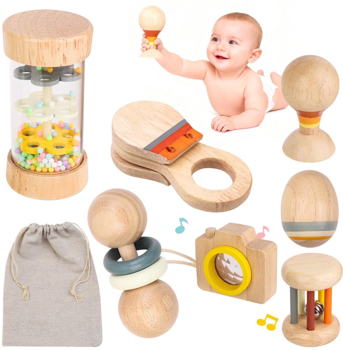 Dailygoods- Baby Rammelaar Set 7 Stuks - Montessori Speelgoed - Houten Rammelaars - Sensorisch Speelgoed - Veilig Speelervaring - Ontdekken en Spelen