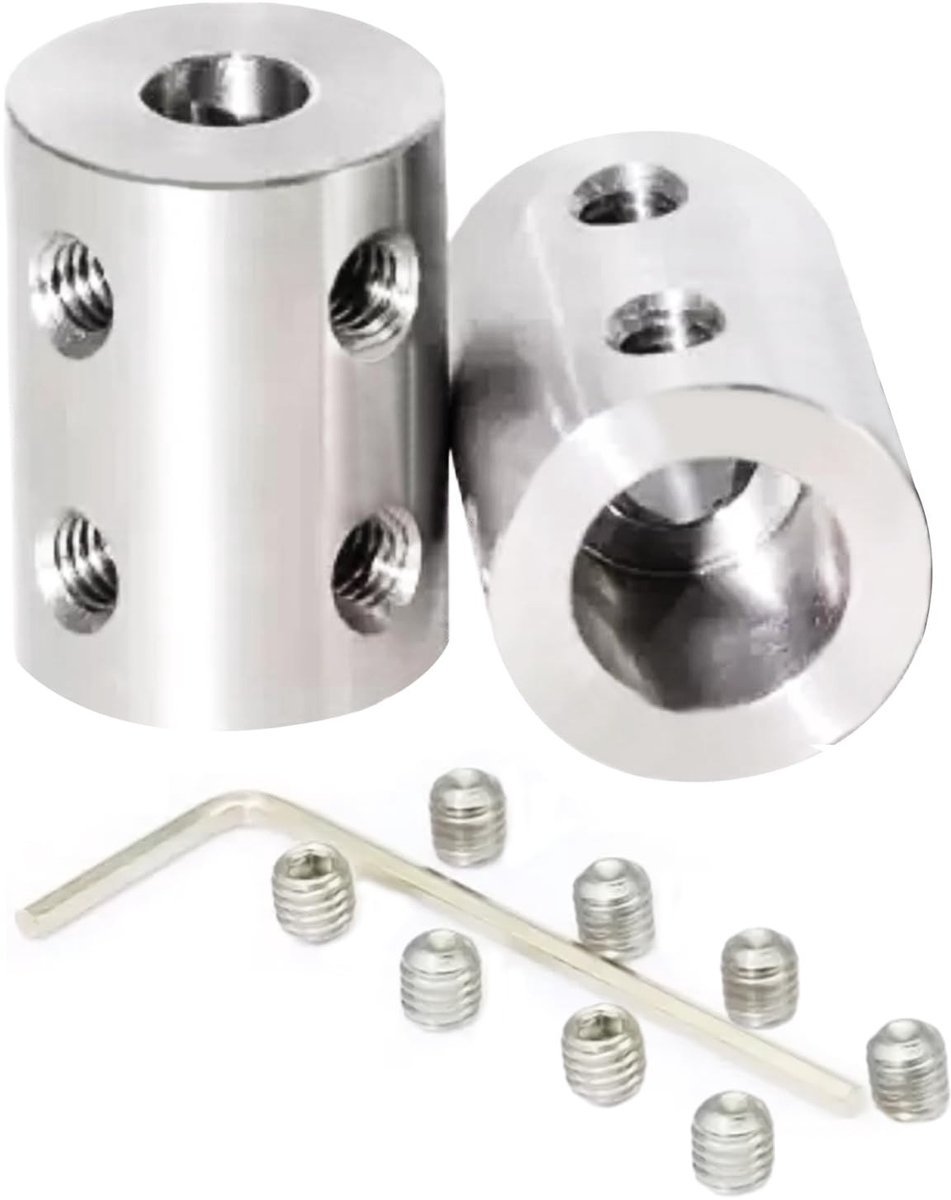 Dailygoods- Stijve Koppeling 2 Stuks - Roestvrij Staal - Boringdiameter 4/6 mm - Totale Diameter 14 mm - Lengte 22 mm - Inclusief Stelschroeven - Askoppeling