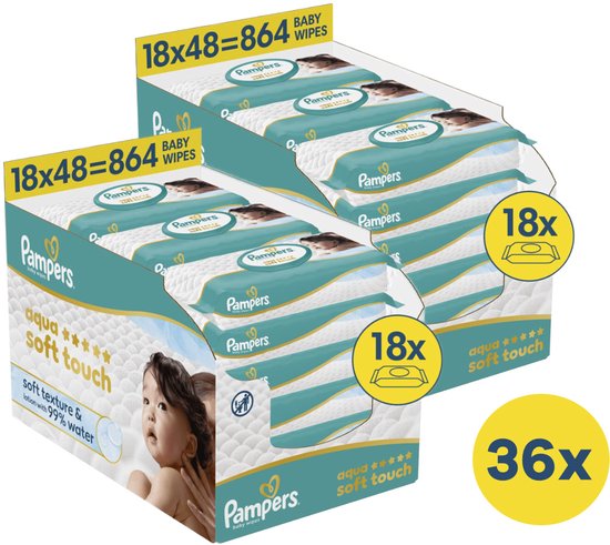 Twee displays met Pampers Aqua Soft Touch babydoekjes, elk 18 pakken. Totaal 36 pakken. Aqua, zachte textuur.
