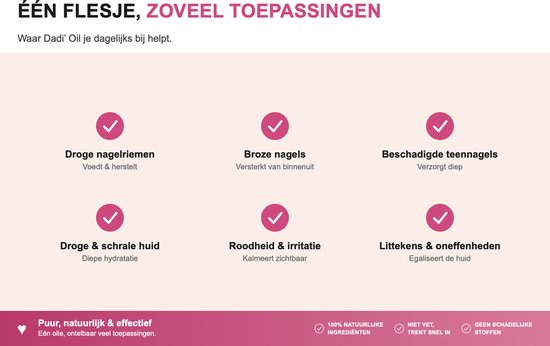 Zes iconen met vinkjes die de voordelen van Dadi'Oil weergeven: droge nagelriemen, broze nagels, beschadigde teennagels, droge huid, roodheid/irritatie, littekens/oneffenheden.