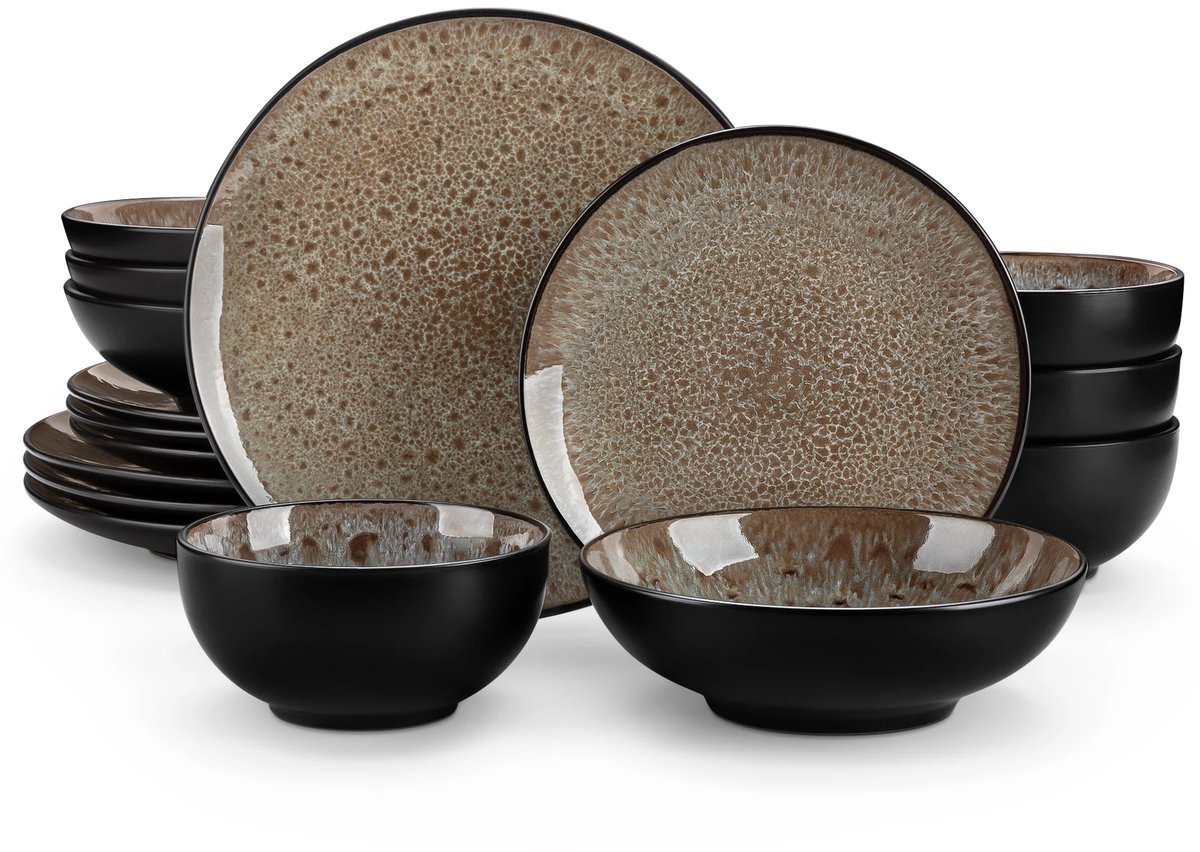 Home & Beyond® Serviesset 16-delig Bruin - Keramisch Servies voor 4 Personen - Inclusief Dinerborden, Ontbijtborden, Kommen en Diepe Borden - Luxe Stoneware Servies