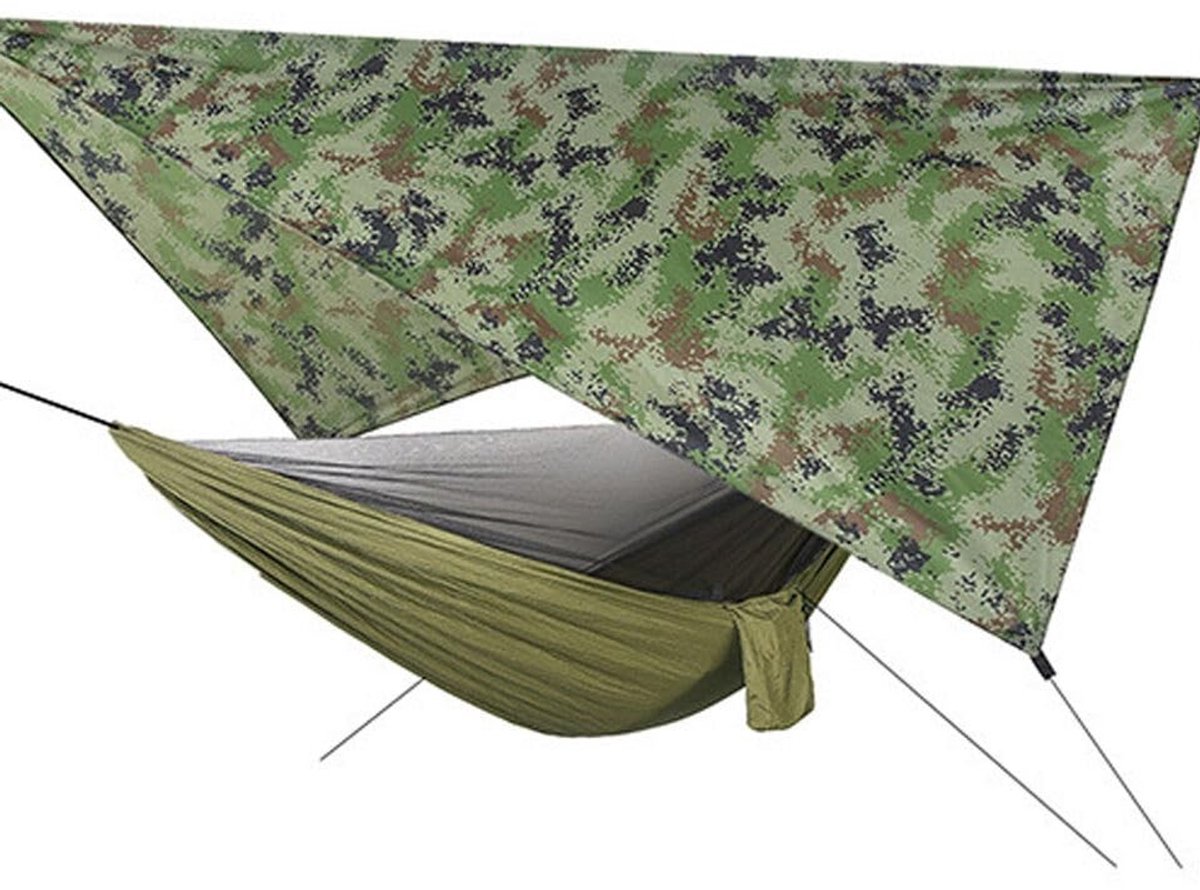 Solidchoice- Hangmat 200 kg - Outdoor Hangmat - Muggennet - Waterdicht Dekzeil - 290 x 140 cm - Inclusief Accessoires - Campinghangmat
