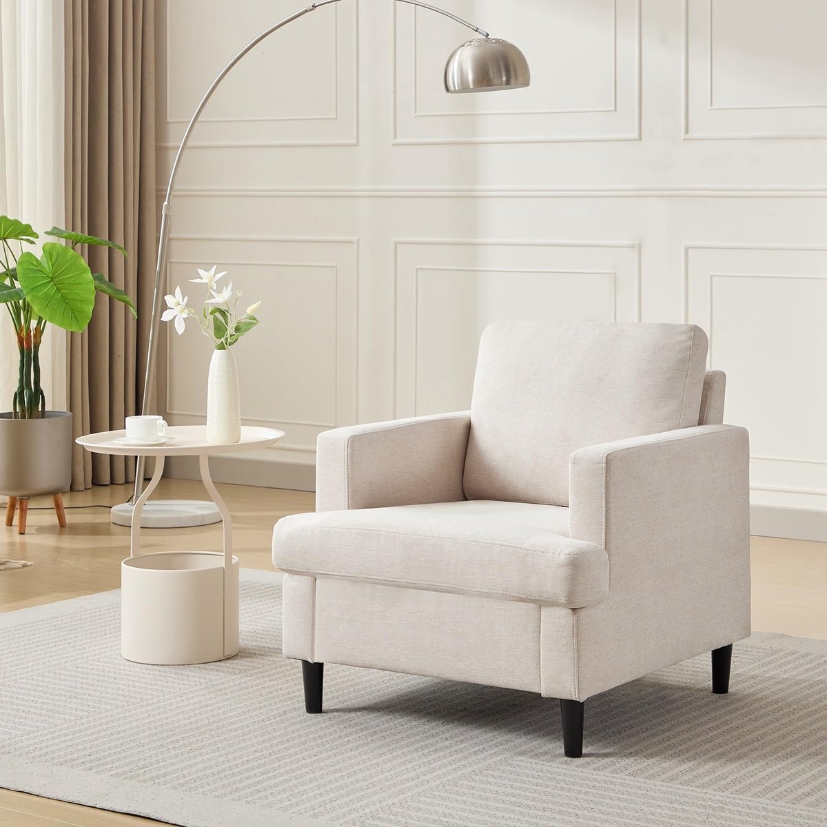 Linnen Eenzitsbank - Fauteuil Comfortabel met Armleuning en Rugleuning - Gestoffeerd Accentstoel met Houten Poten - Voor Woonkamer Slaapkamer of Kantoor - Beige