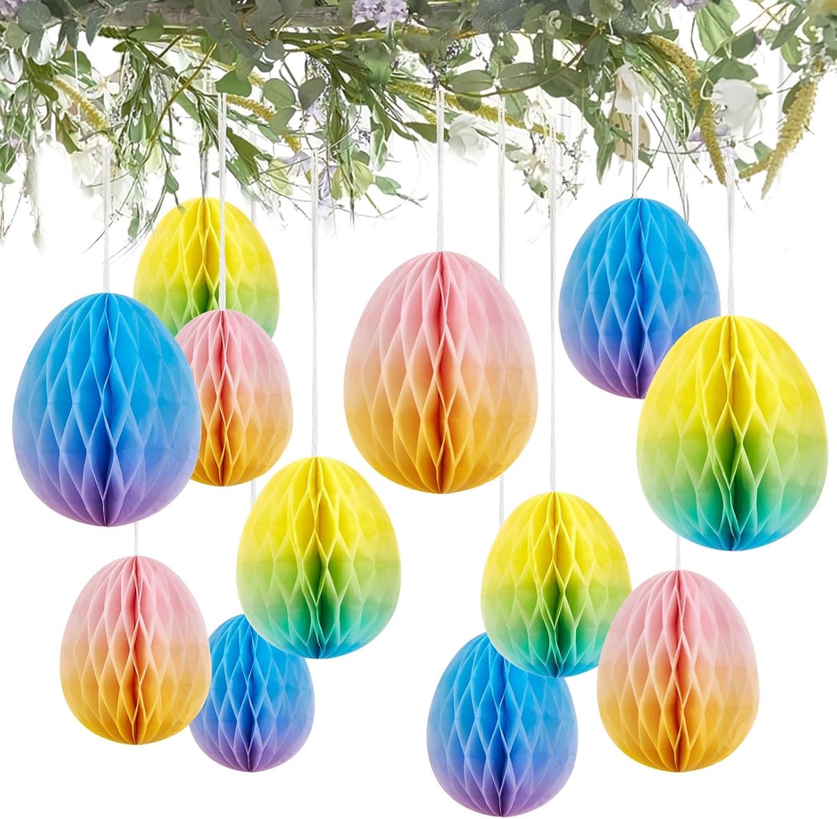 Paasdecoratie paaseieren papier honingraatballen paasdecoratie