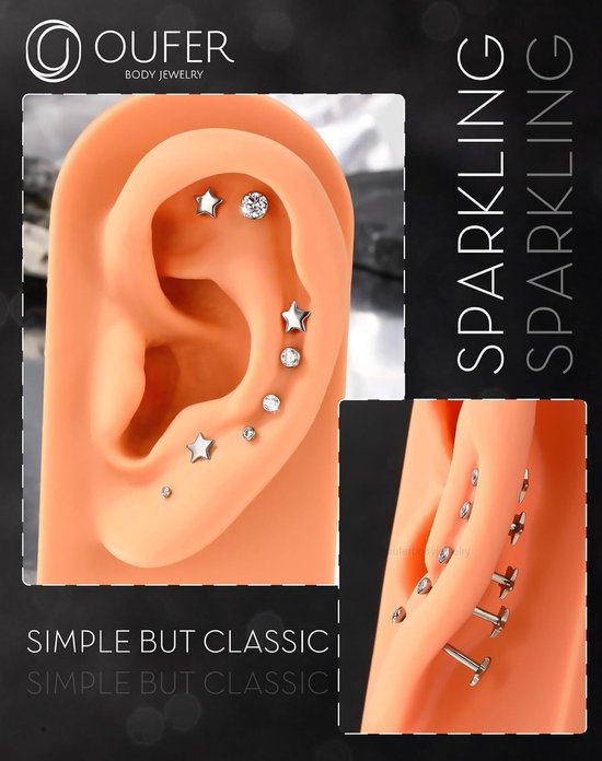 Body Piercing 16G Helix Piercing Jewellery Titanium Tragus Earrings Threadless Flat Back Earrings Stud Push in Ear Piercing Helix Stud Cartilage Bar 5/6/8/10/12mm Conch Tragus Piercing Jewellery — afbeelding 4