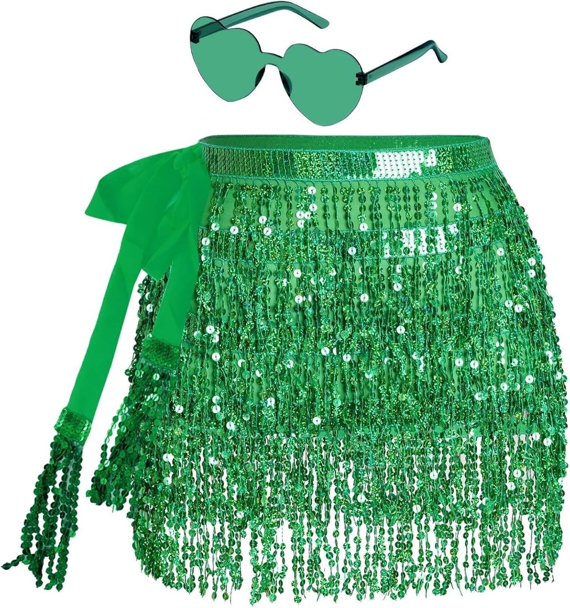 Glitterrok voor dames, franjes, glitter met hippiebril, mini-latijnrok, kort, buikdanskostuum, rave-kostuum voor vrouwen en meisjes