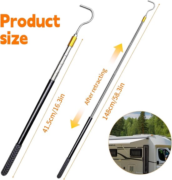 Telescopische Stang met Haken, RVS Luifelstang, Bootshaken met Rubber Handvat, Multifunctionele Stang voor Luifel, Boot en Tent Opener, Ideaal voor Buitenactiviteiten — afbeelding 5