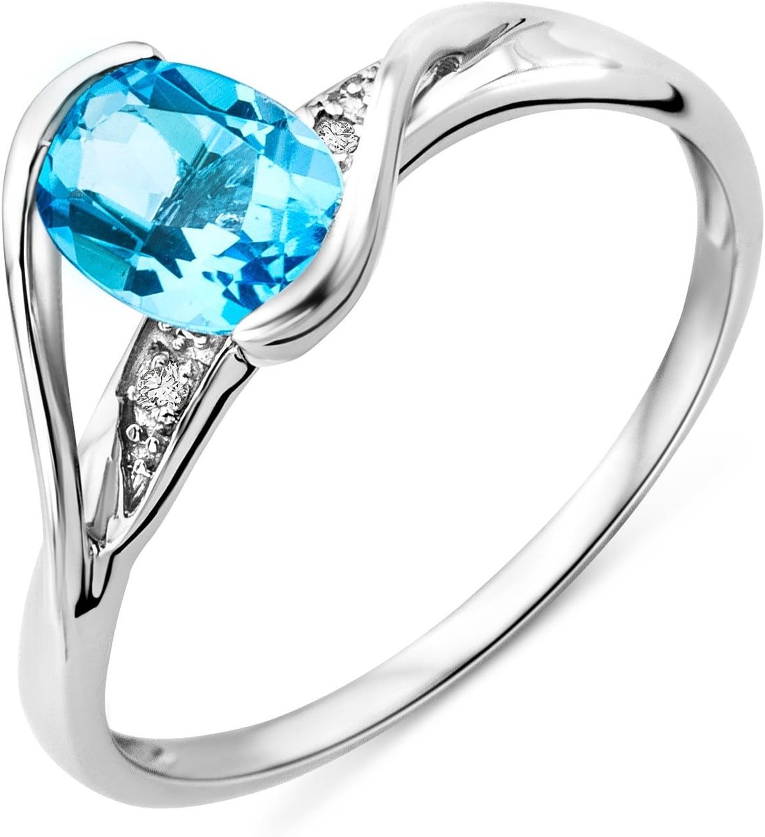Damesring 9 karaat 375 goud blauwe topaas met diamant briljant witgoud