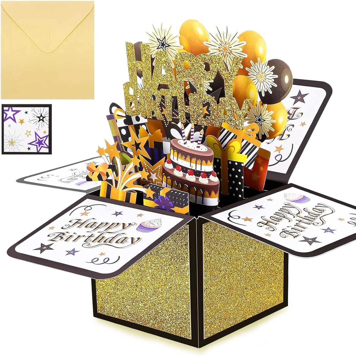 3D Pop-Up Happy Birthday kaart, Handgemaakte vouwkaart met envelop, Verjaardagscadeau voor vrouw, vriendin, mannen & vrienden – Zwartgoud 18x19 cm