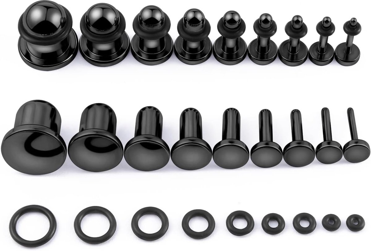 9 paar piercings oorplugs stretching kit van roestvrij staal punk stretchstaafjes oorsieraden oor tunnel enkele flare gauges met O-ringen 14G - 00G voor dames heren