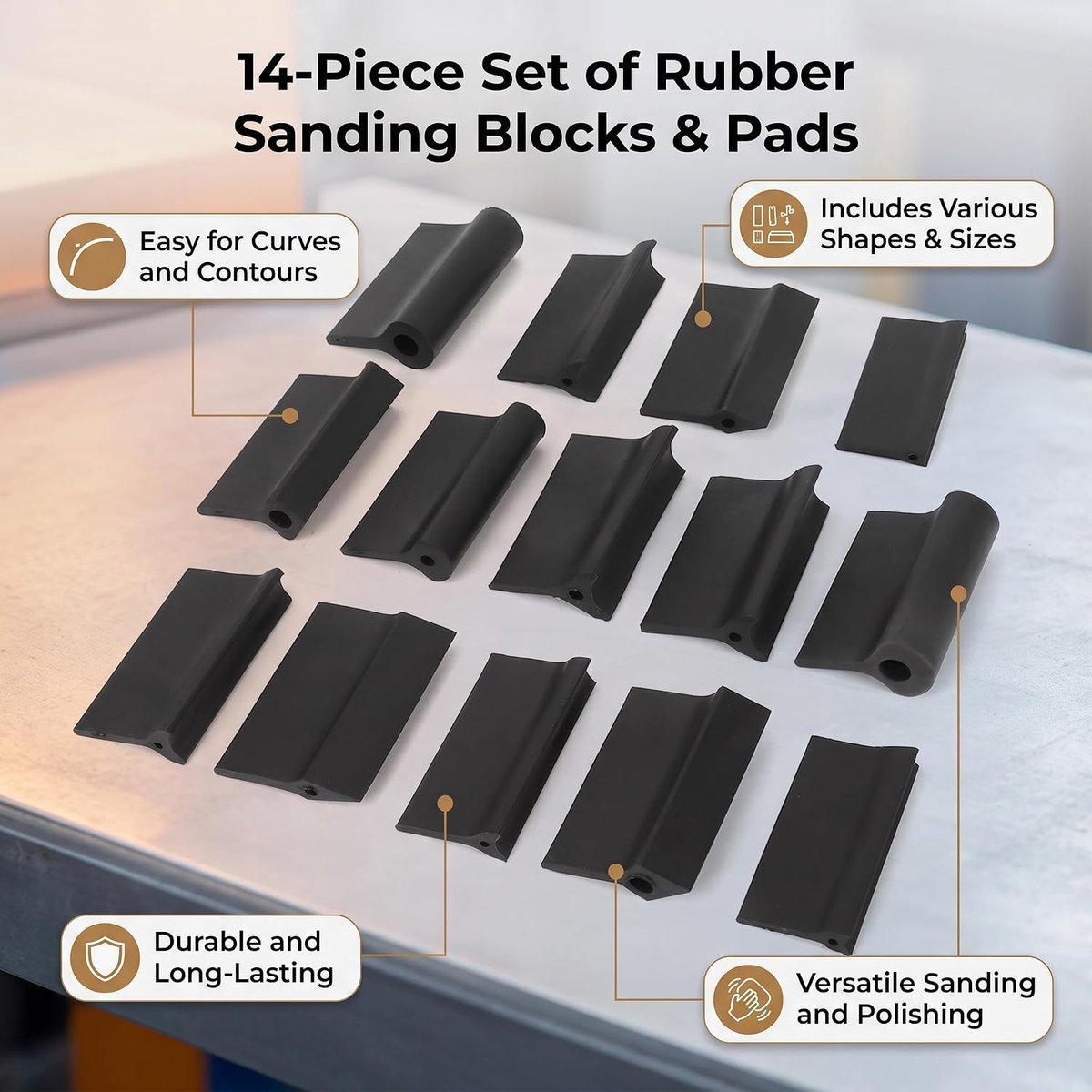 Schuurblok Set, 14 Stuks, Flexibele Contour en Hoek Schuurgrepen, Rubber, Zwart, Dubbelzijdig