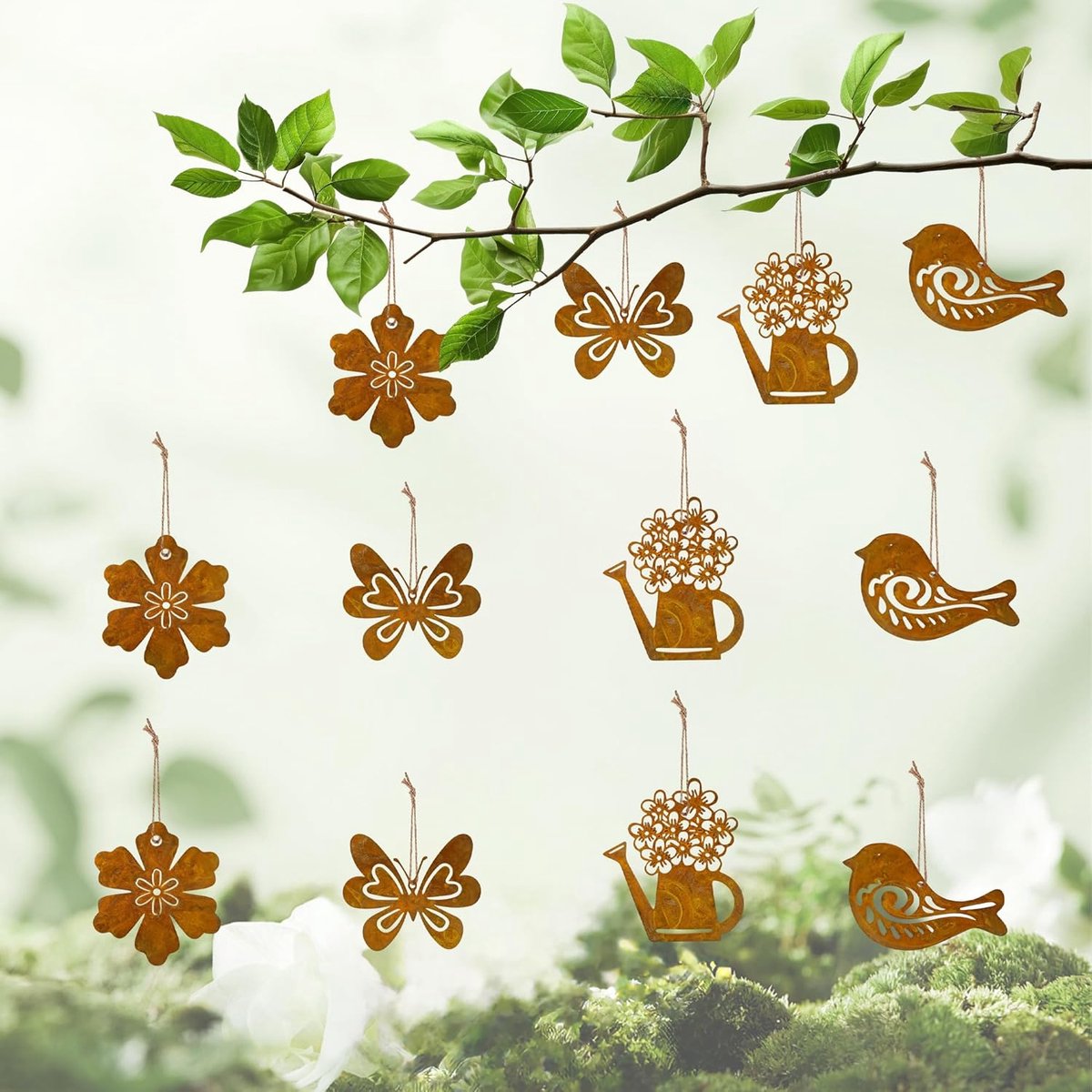 12 stuks roestige vogels, lente, decoratie, charmante lentedecoratie om op te hangen, metalen decoratie om op te hangen, voor balkon, terras, raam en tuin, buitendecoratie voor de lente