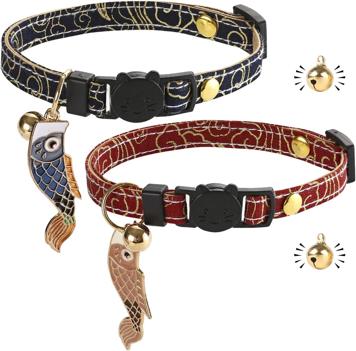 SnelShoppen - Kattenhalsband met Snelsluiting - Handgemaakte Leren Bel - Gouden Bal - Japanse Ontwerp - Verstelbaar - Set van 2