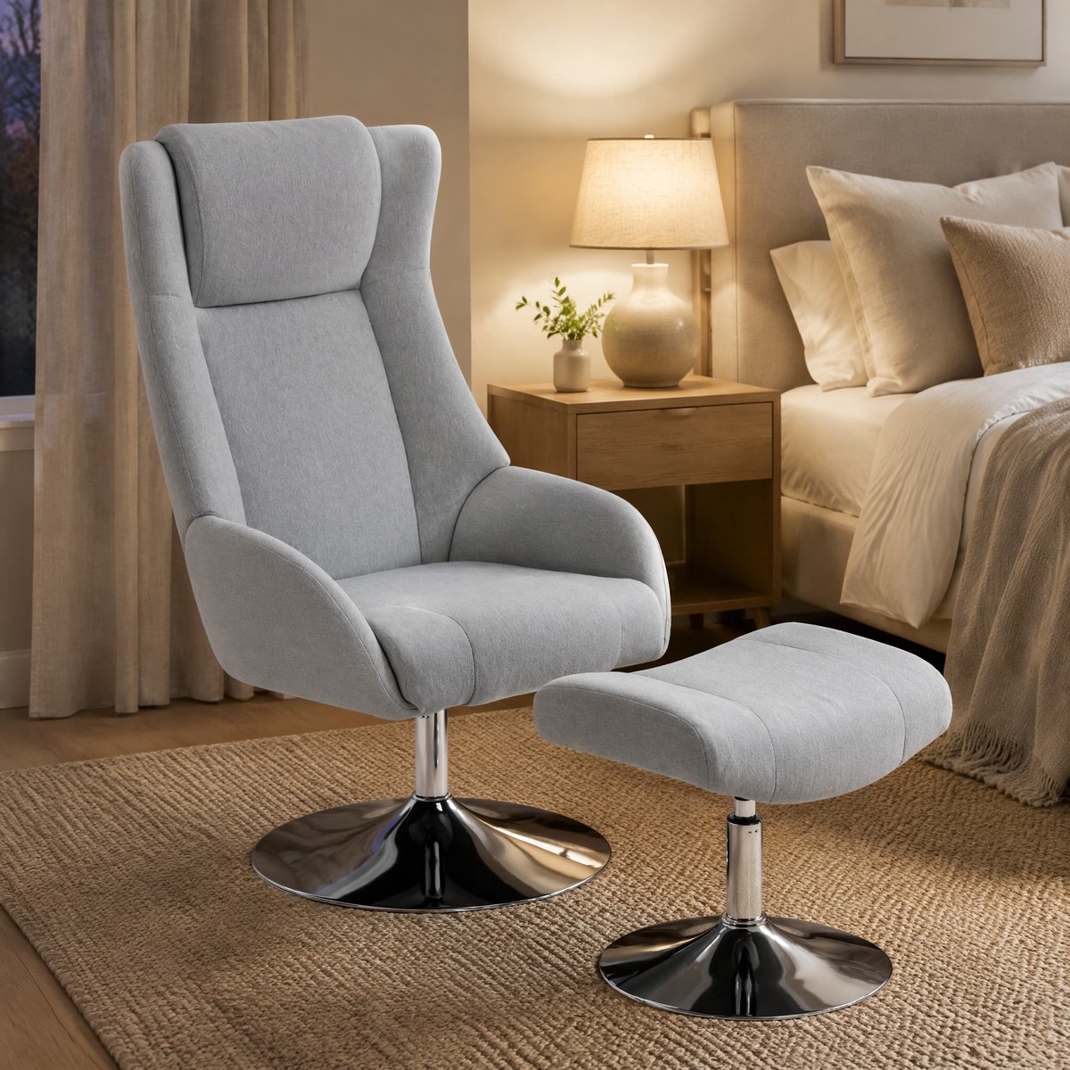 COVREO Relaxfauteuil met hocker 68 x 84 x 118 cm, grijs, stof, draaibaar