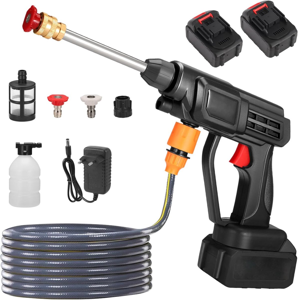 Hogedrukreiniger, 60 bar, draadloos, 300 W, draagbaar hogedruk-sproeiwaterpistool met 2 accu's van 1500 mAh, verstelbare sproeimond, 5 m slang, wasmachine voor tuinvloerreiniging, irrigatie